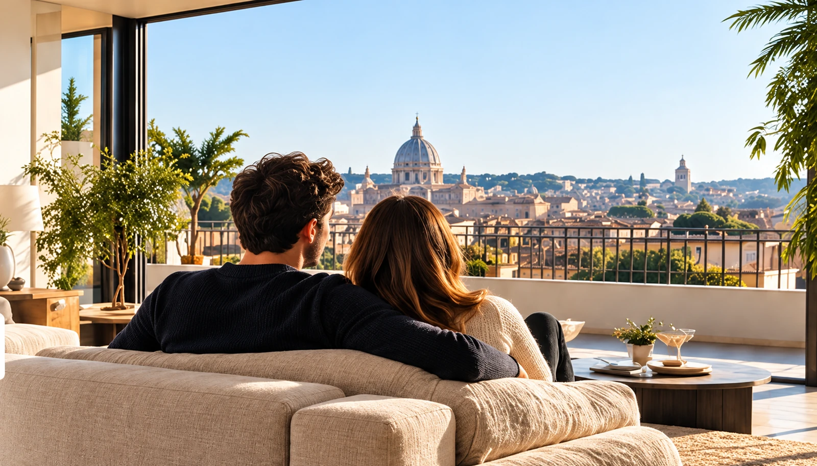 Una coppia sul divano di una casa luminosa con vista su Roma